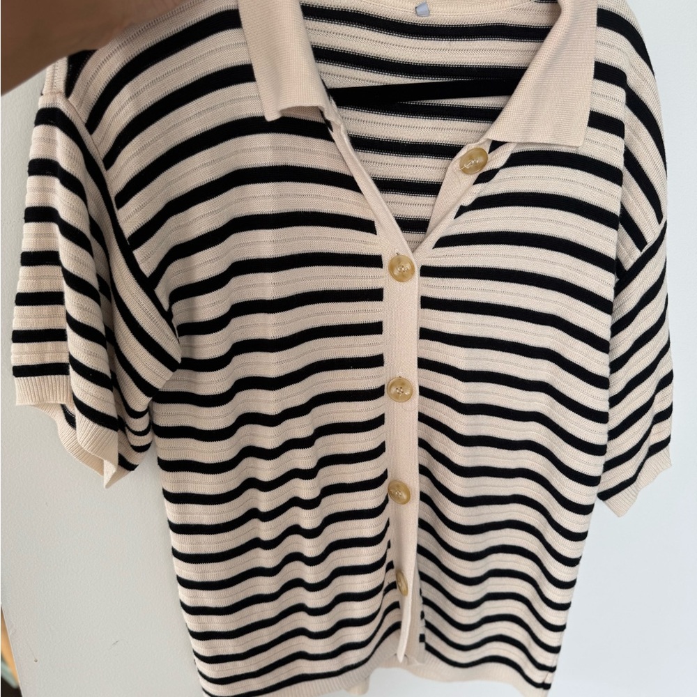 Striped Short Sleeve Cardigan with Gold Buttons
